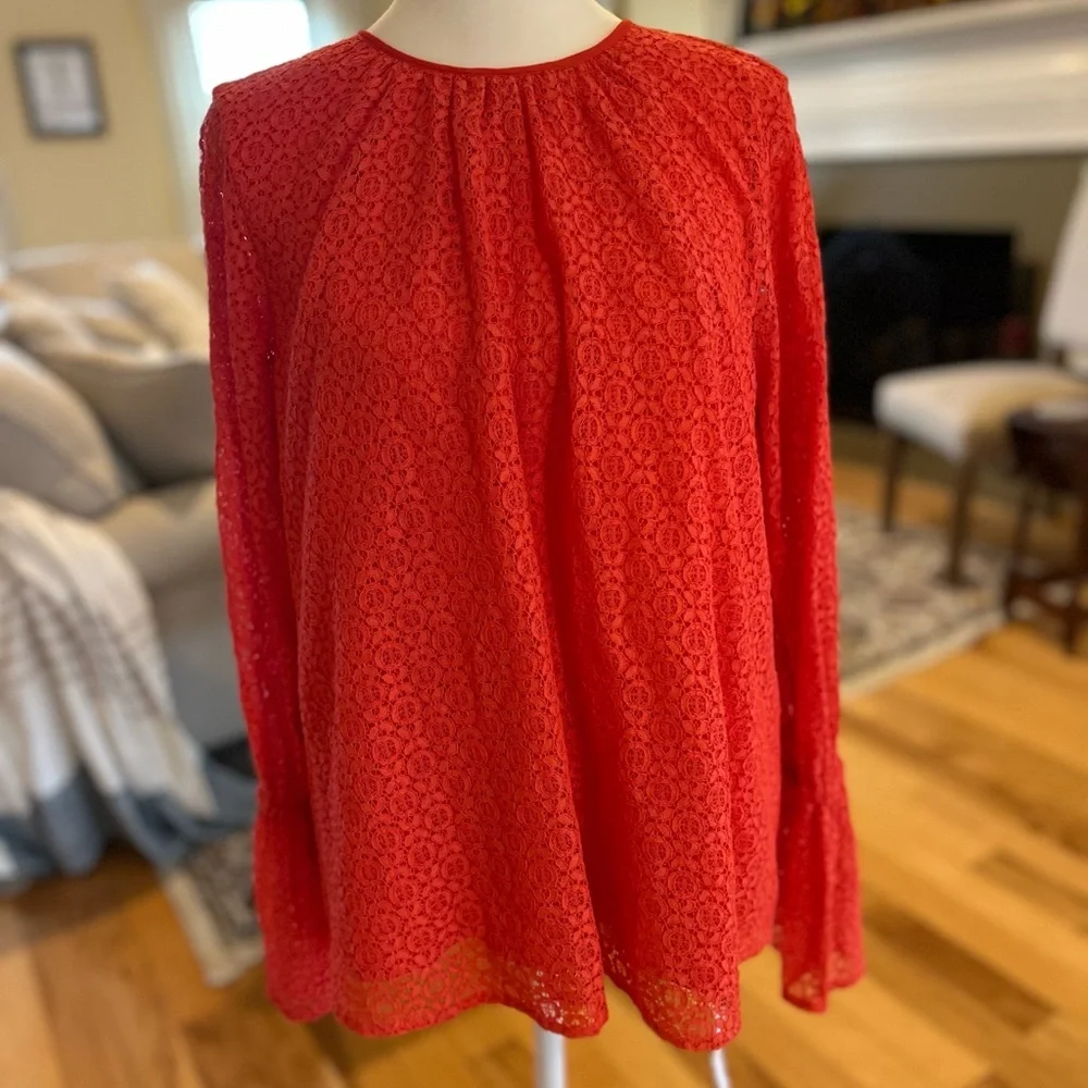 Michael Kors Vibrant Coral Crochet Lace Bell Sleeve Women’s Blouse